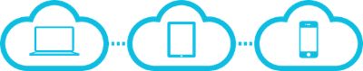 Stylised graphic of devices in cloud outlines